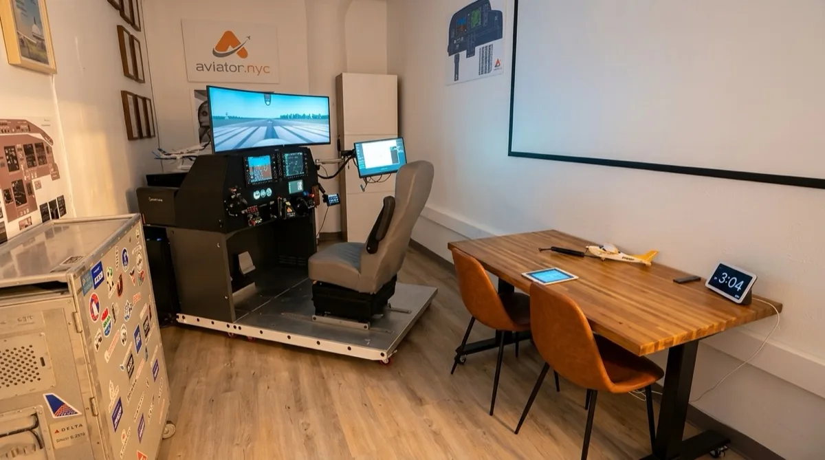 Aviator.NYC flight simulator training room with PFC GTX G1000 NXi AATD, briefing table, and Aviator.NYC branding at 35 West 31st Street, Suite 901, Midtown Manhattan