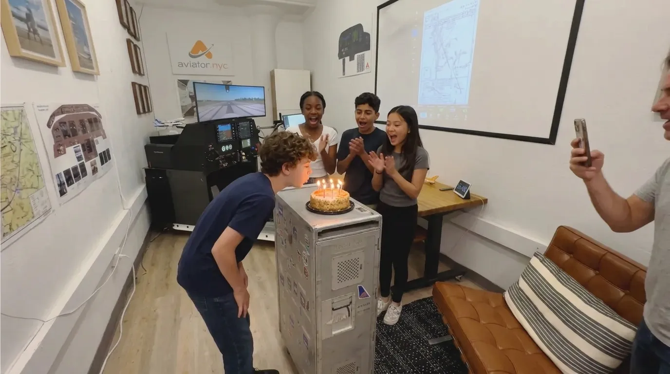 AI-generated illustration of kids celebrating a birthday with cake on a vintage airline cart at the Aviator.NYC flight simulator studio in Manhattan