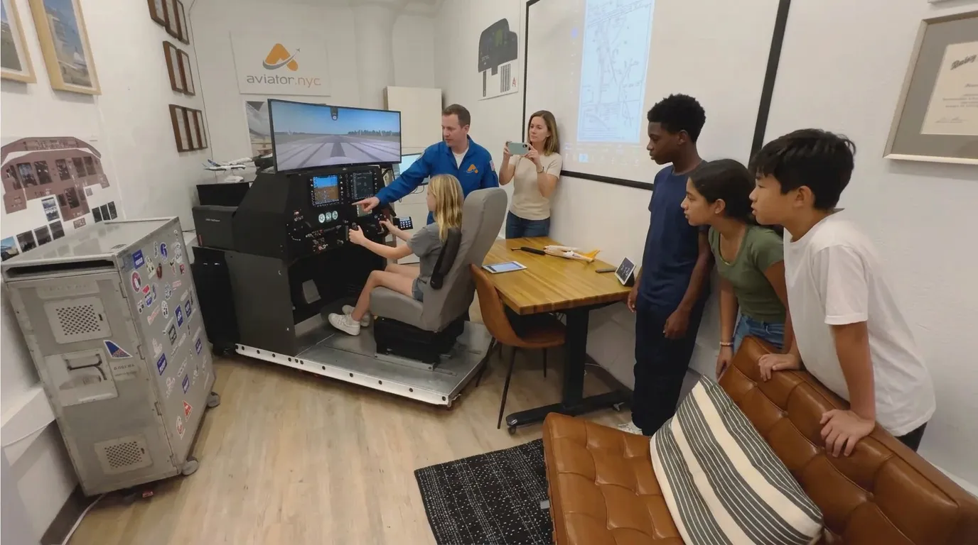AI-generated illustration of an airline pilot instructor teaching a child to fly the flight simulator while friends watch at an Aviator.NYC birthday party in Manhattan