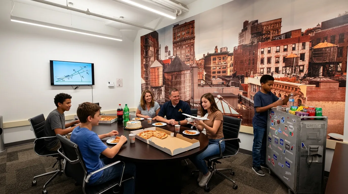 AI-generated illustration of children and parents eating pizza in the Aviator.NYC private room during a flight simulator birthday party