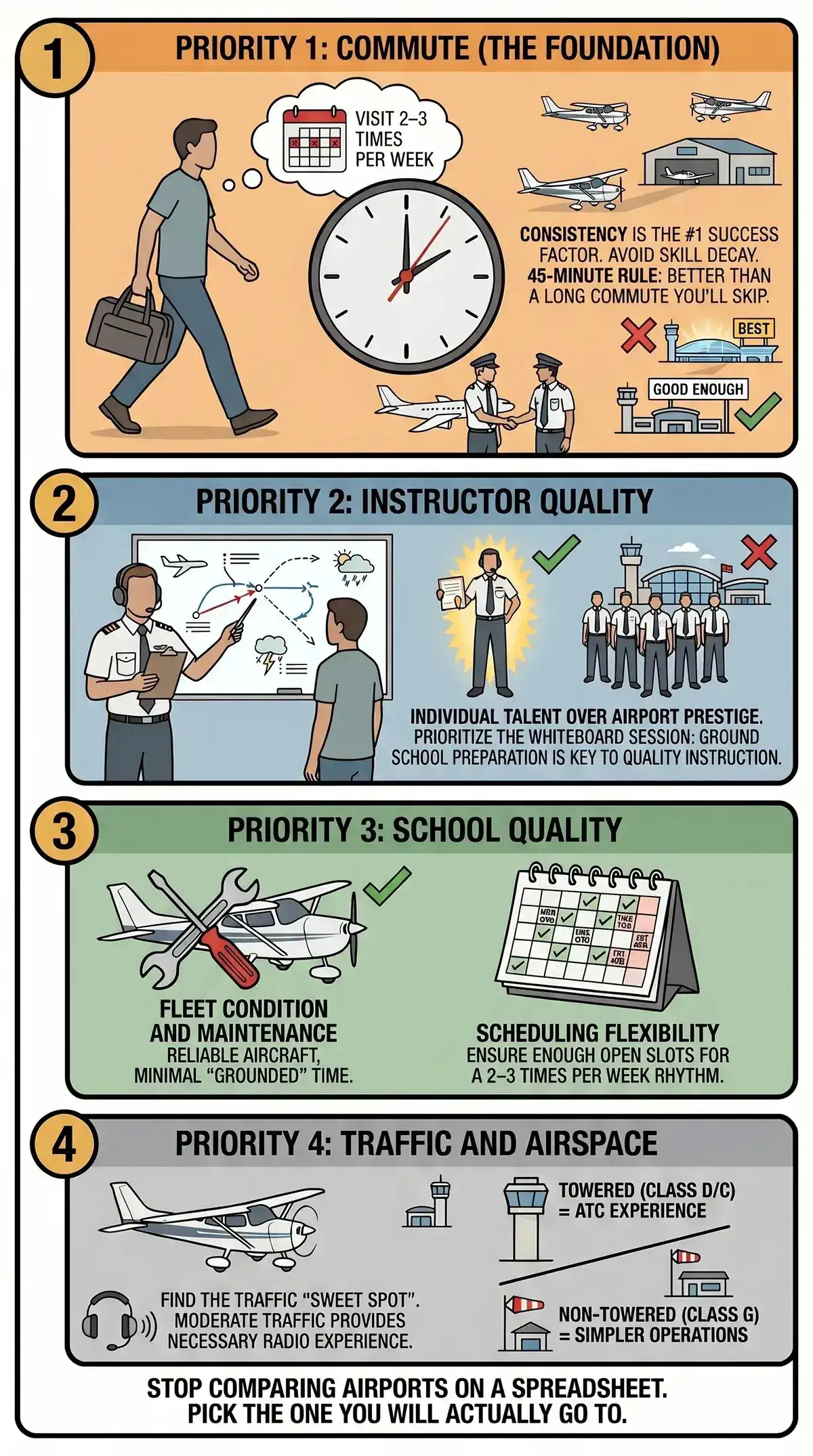 Four priorities when choosing a training airport: commute consistency, instructor quality, school quality, traffic and airspace Four priorities when choosing a training airport: commute consistency, instructor quality, school quality, traffic and airspace