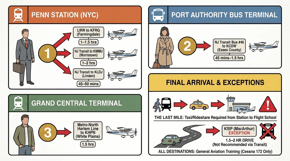 Public transit routes from Penn Station, Port Authority, and Grand Central to NYC flight training airports Public transit routes from Penn Station, Port Authority, and Grand Central to NYC flight training airports