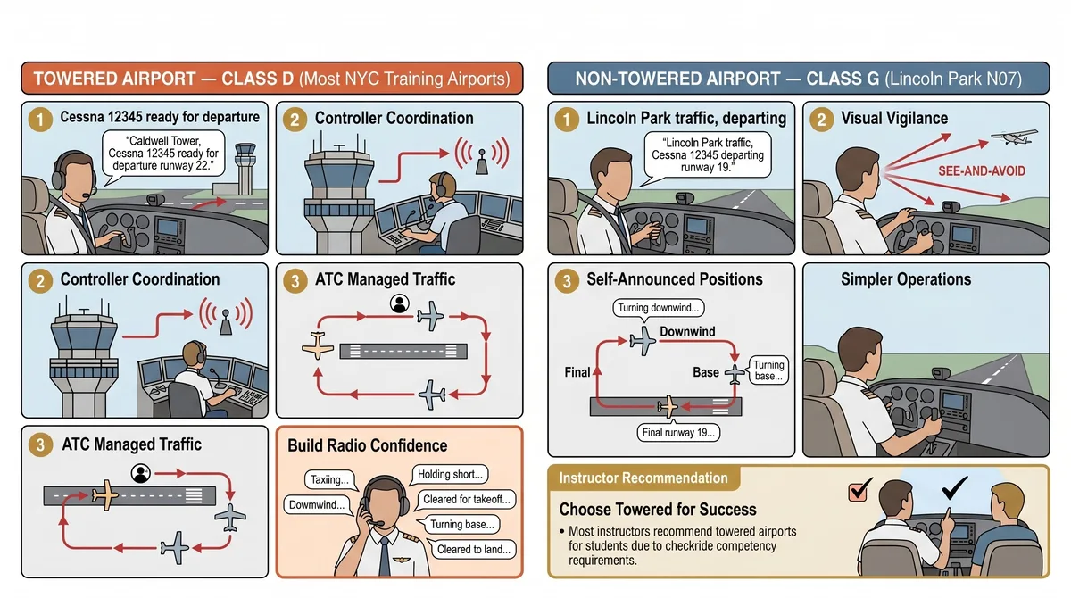 Towered Class D airport vs non-towered Class G airport training comparison with radio communication examples Towered Class D airport vs non-towered Class G airport training comparison with radio communication examples