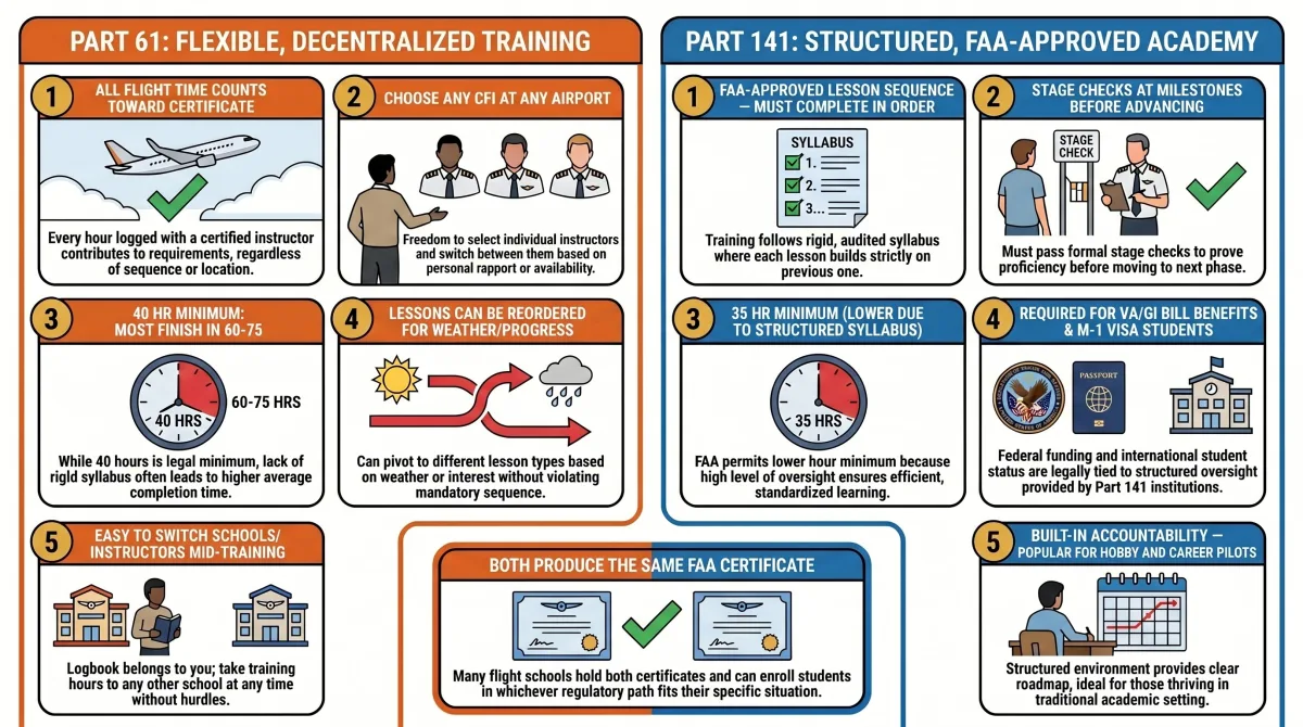 Part 61 vs Part 141 flight training comparison — lesson flexibility, hour minimums, stage checks, VA benefits, and accountability Part 61 vs Part 141 flight training comparison — lesson flexibility, hour minimums, stage checks, VA benefits, and accountability