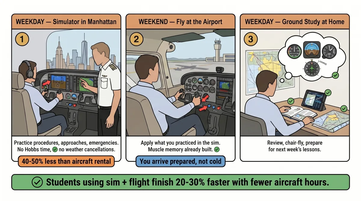 Sample training week combining weekday simulator sessions in Manhattan with weekend flying at the airport Sample training week combining weekday simulator sessions in Manhattan with weekend flying at the airport