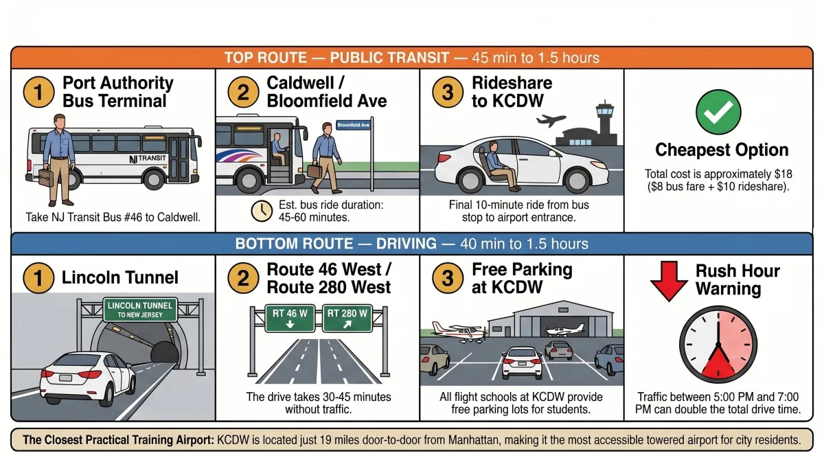 Two commute routes from Manhattan to Essex County Airport KCDW — NJ Transit bus and driving via Lincoln Tunnel Two commute routes from Manhattan to Essex County Airport KCDW — NJ Transit bus and driving via Lincoln Tunnel