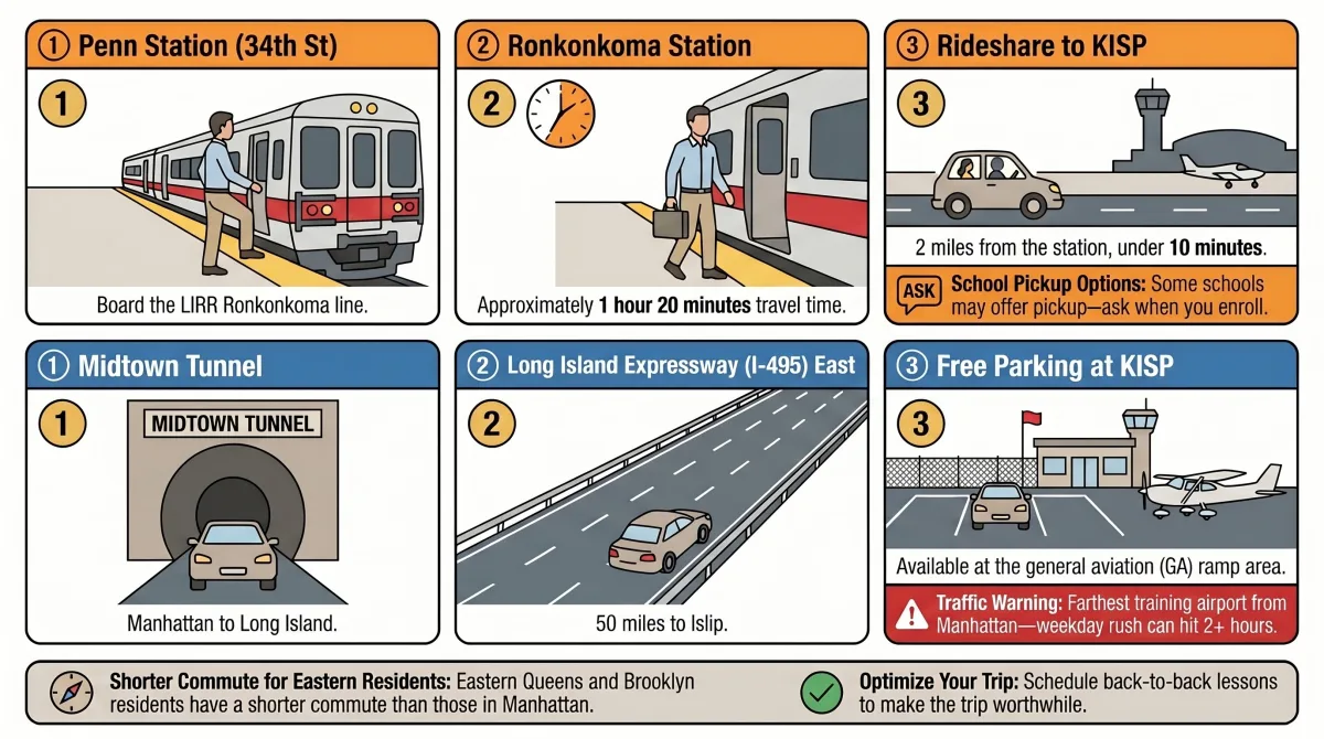 Two commute routes from Manhattan to MacArthur Airport KISP — LIRR train to Ronkonkoma and driving via Midtown Tunnel Two commute routes from Manhattan to MacArthur Airport KISP — LIRR train to Ronkonkoma and driving via Midtown Tunnel