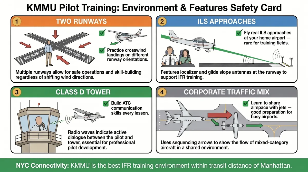 Morristown Airport KMMU training features — two runways, ILS approaches, Class D tower, and corporate traffic Morristown Airport KMMU training features — two runways, ILS approaches, Class D tower, and corporate traffic