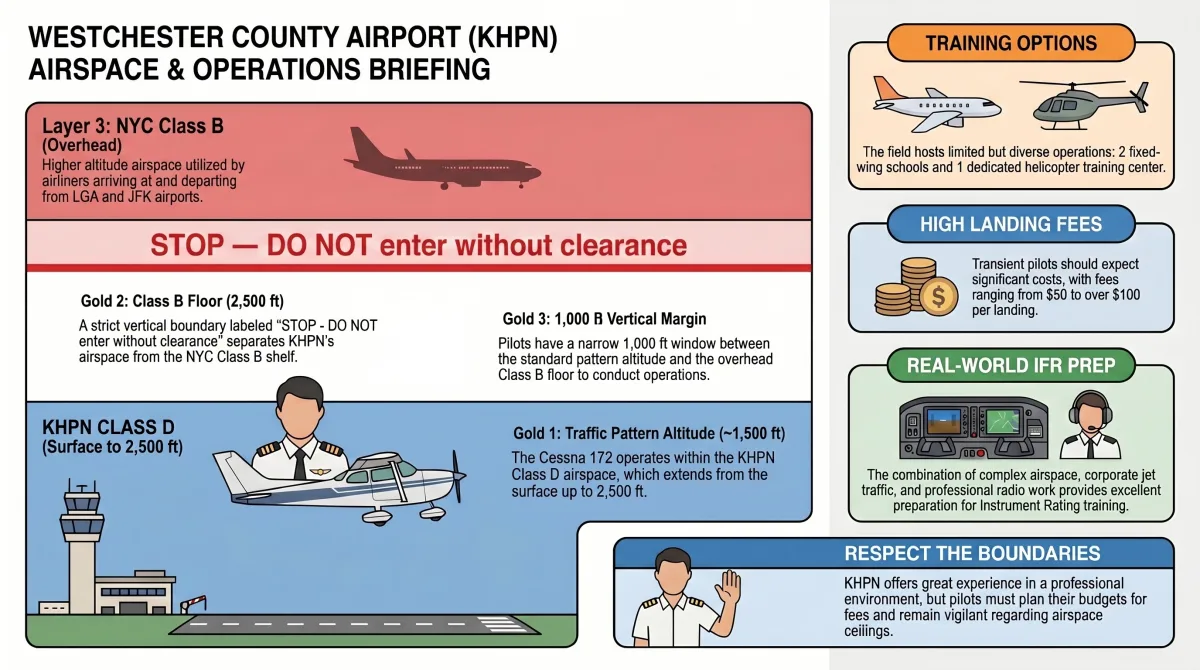 Westchester Airport KHPN airspace showing Class D under NYC Class B shelf — complex training environment Westchester Airport KHPN airspace showing Class D under NYC Class B shelf — complex training environment