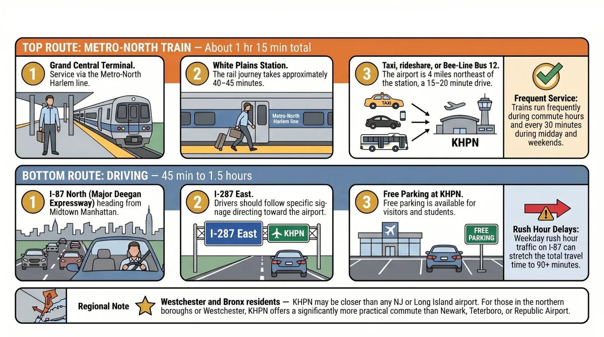 Two commute routes from Manhattan to Westchester Airport KHPN — Metro-North train from Grand Central and driving via I-87 Two commute routes from Manhattan to Westchester Airport KHPN — Metro-North train from Grand Central and driving via I-87