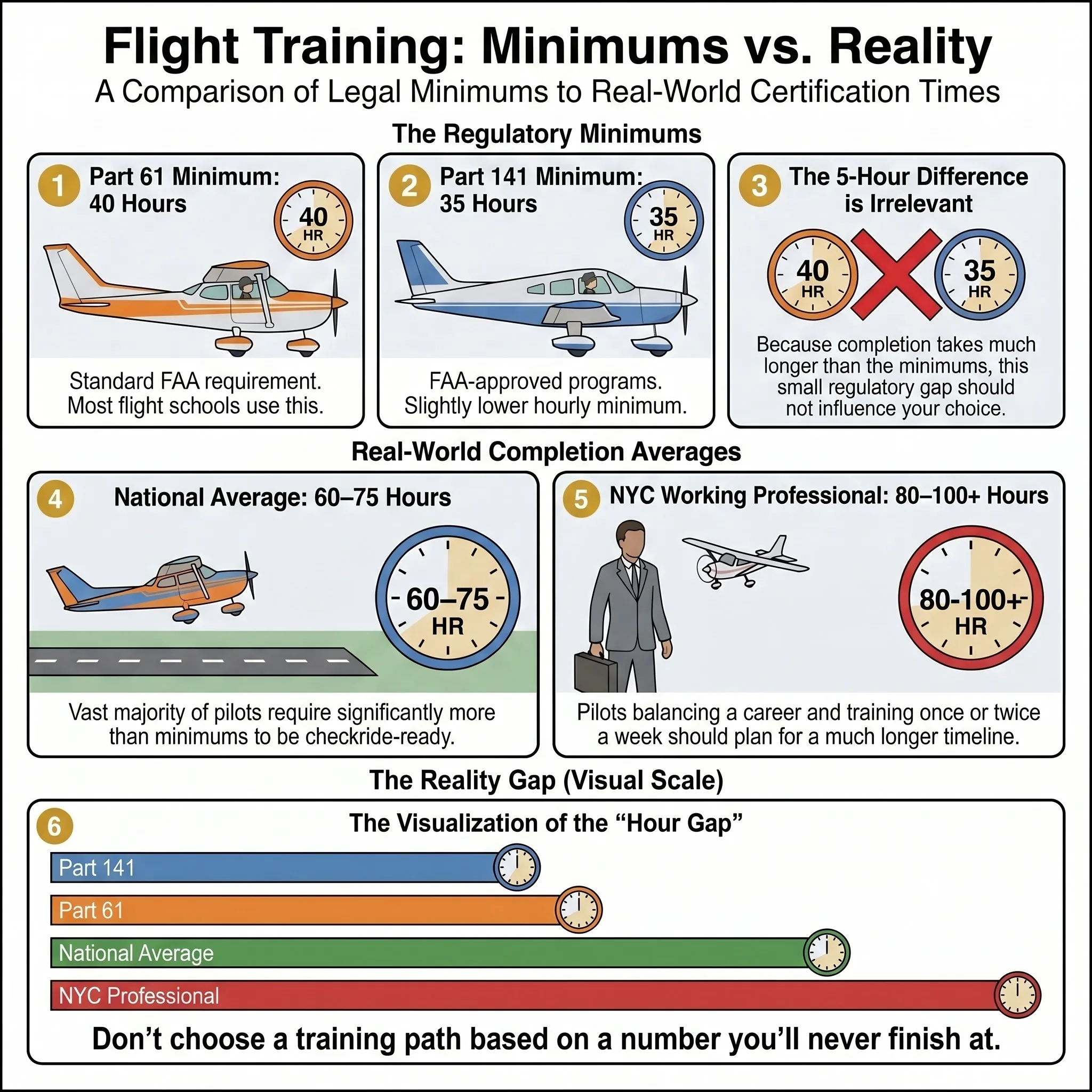 Flight training hours comparison showing FAA minimums versus real-world completion times. Part 61 minimum is 40 hours, Part 141 minimum is 35 hours, but the 5-hour difference is irrelevant. The national average is 60 to 75 hours. NYC working professionals typically need 80 to 100 or more hours. Flight training hours comparison showing FAA minimums versus real-world completion times. Part 61 minimum is 40 hours, Part 141 minimum is 35 hours, but the 5-hour difference is irrelevant. The national average is 60 to 75 hours. NYC working professionals typically need 80 to 100 or more hours.