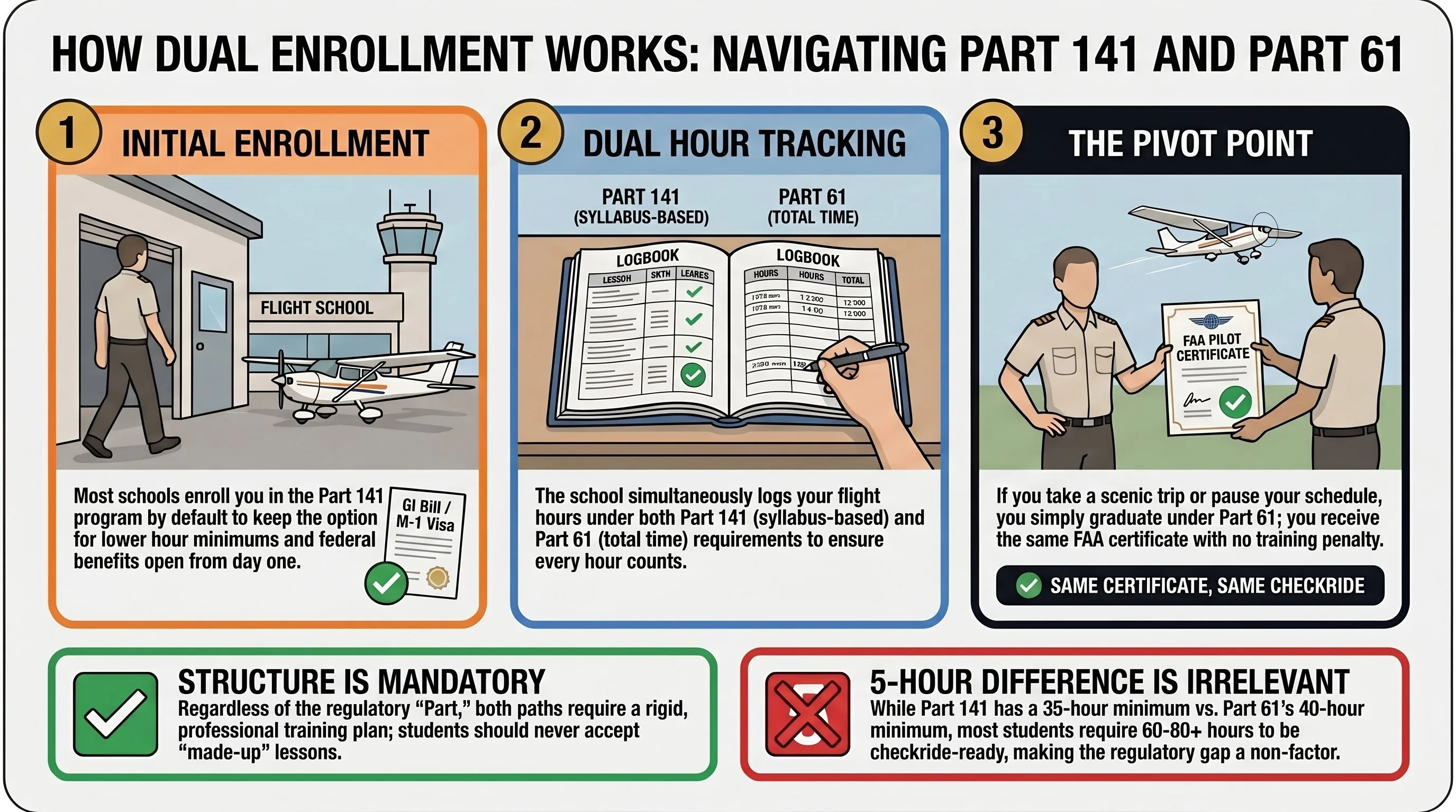 How dual enrollment works at flight schools with both Part 141 and Part 61 certificates. Step 1: school enrolls you in Part 141 by default. Step 2: school tracks hours under both programs. Step 3: if you go off-syllabus, you graduate under Part 61 with the same FAA certificate. How dual enrollment works at flight schools with both Part 141 and Part 61 certificates. Step 1: school enrolls you in Part 141 by default. Step 2: school tracks hours under both programs. Step 3: if you go off-syllabus, you graduate under Part 61 with the same FAA certificate.