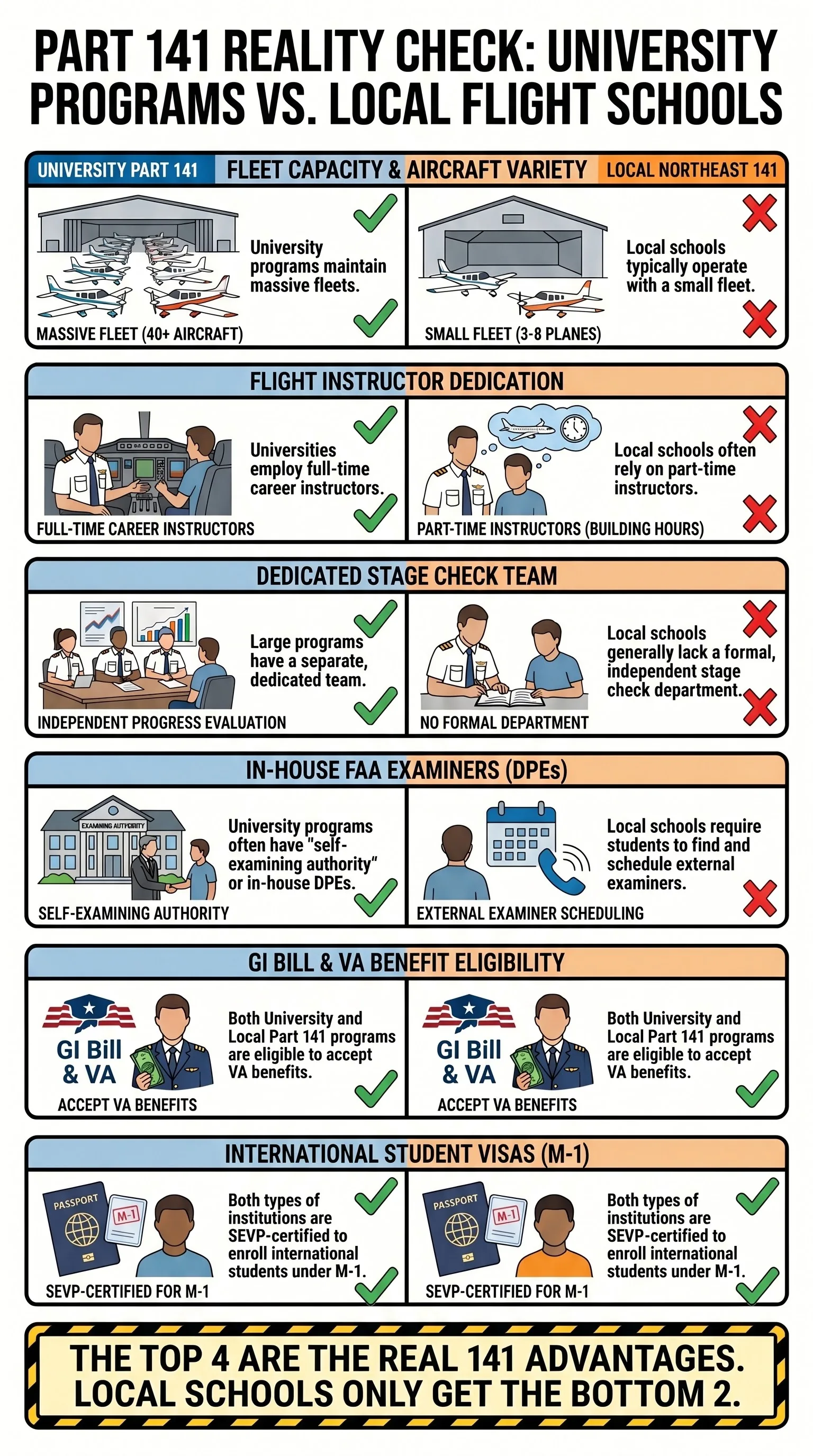 Reality check comparing university Part 141 programs versus local northeast Part 141 flight schools. University programs like Embry-Riddle have 40-plus aircraft, full-time instructors, dedicated stage check teams, and in-house examiners. Local northeast 141 schools have 3 to 8 planes, part-time instructors, and no in-house examiners. Both are eligible for GI Bill and M-1 visa. The top 4 advantages only exist at university programs. Reality check comparing university Part 141 programs versus local northeast Part 141 flight schools. University programs like Embry-Riddle have 40-plus aircraft, full-time instructors, dedicated stage check teams, and in-house examiners. Local northeast 141 schools have 3 to 8 planes, part-time instructors, and no in-house examiners. Both are eligible for GI Bill and M-1 visa. The top 4 advantages only exist at university programs.