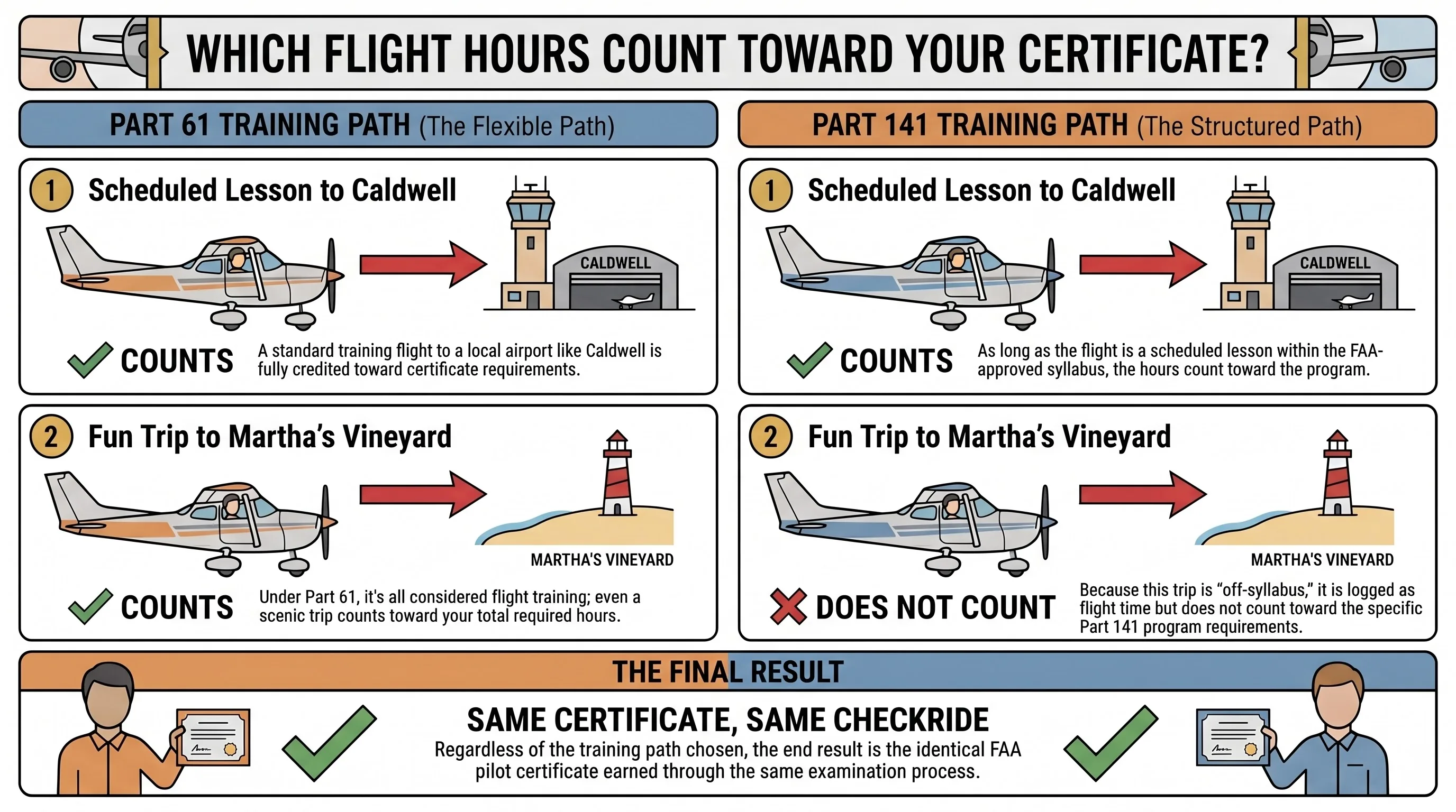 Comparison showing which flight hours count toward your pilot certificate under Part 61 vs Part 141. Under Part 61, both a scheduled lesson to Caldwell and a fun trip to Martha's Vineyard count toward your certificate. Under Part 141, the scheduled lesson counts but the Martha's Vineyard trip does not count toward 141 program requirements because it is off-syllabus. Both paths lead to the same certificate and the same checkride. Comparison showing which flight hours count toward your pilot certificate under Part 61 vs Part 141. Under Part 61, both a scheduled lesson to Caldwell and a fun trip to Martha's Vineyard count toward your certificate. Under Part 141, the scheduled lesson counts but the Martha's Vineyard trip does not count toward 141 program requirements because it is off-syllabus. Both paths lead to the same certificate and the same checkride.