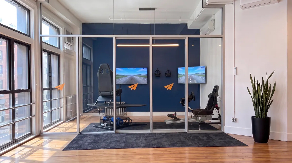 AI-generated rendering of two VR simulator platforms inside the glass room of the Aviator.NYC studio, each facing a spectator TV