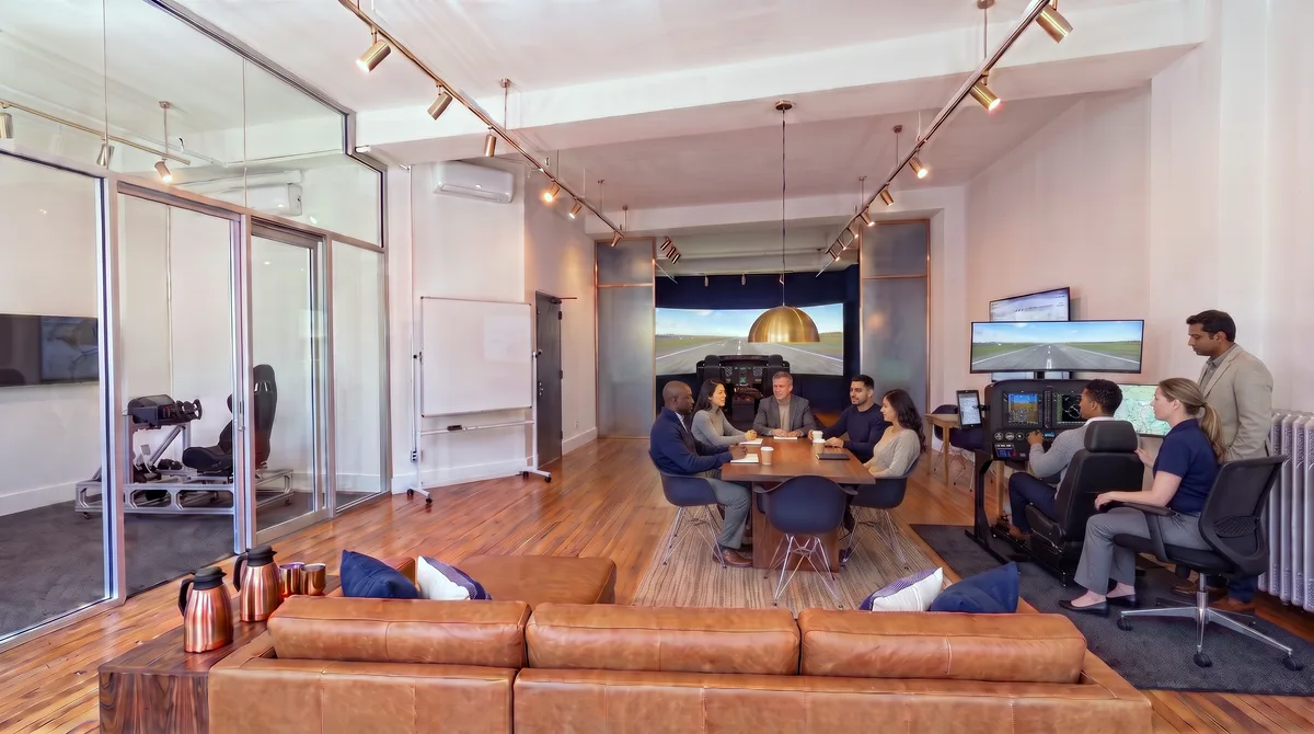 AI-generated rendering of a corporate team event in the planned Midtown studio, with colleagues around the conference table and three more at the G1000 flight simulator station, and the two VR flight simulators inside the glass room; the people shown are AI-generated subjects