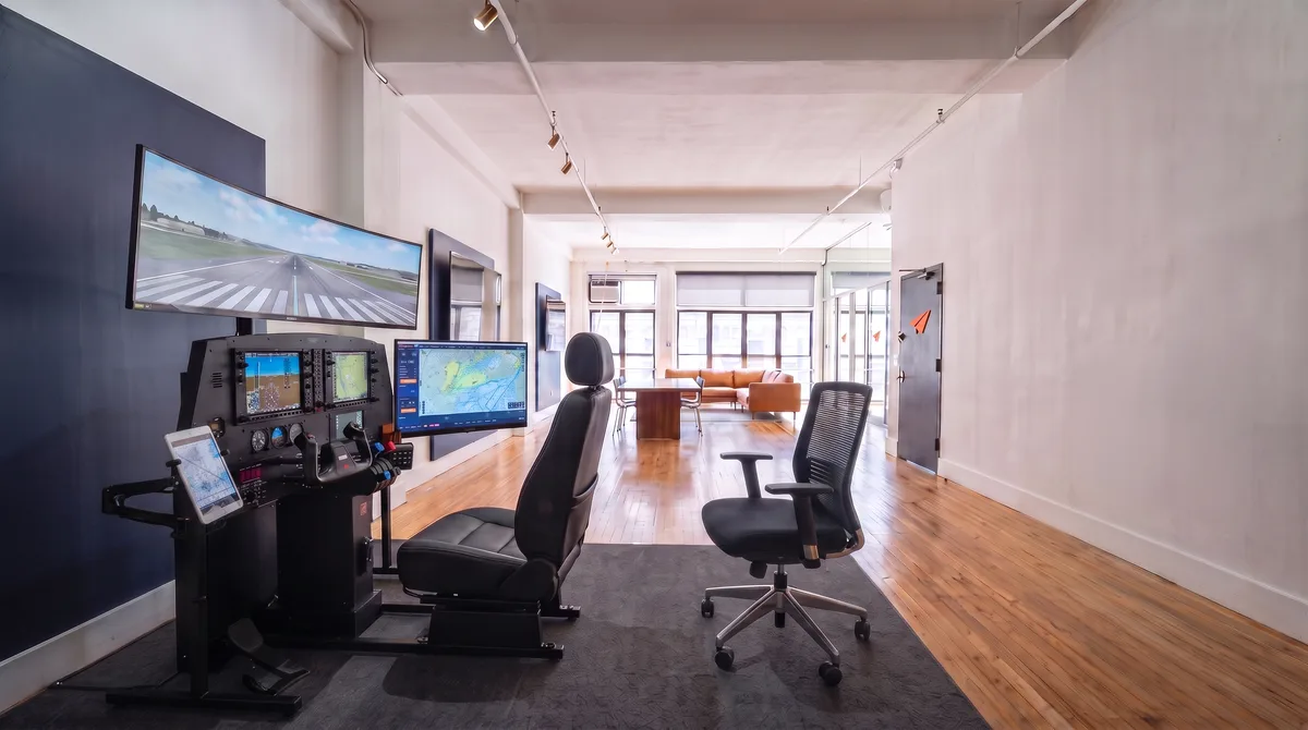 AI-generated rendering of the G1000 flight simulator station in the planned Midtown studio, where each child takes the controls