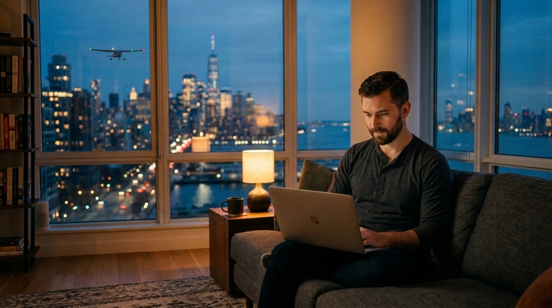 Person researching flight training costs on a laptop in a NYC apartment at dusk with the Manhattan skyline in the background