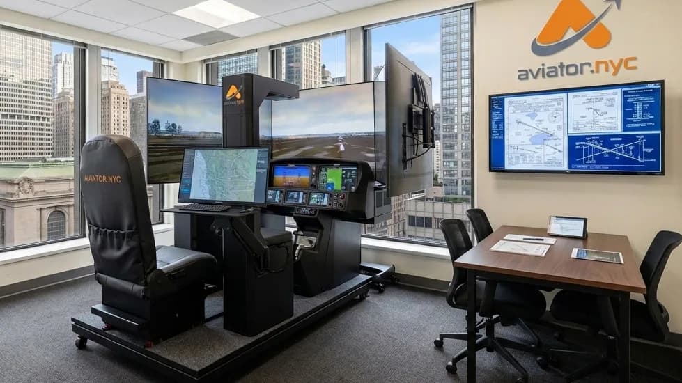 Aviator.NYC flight simulator training room with G1000 NXi avionics, triple-monitor visual system, instructor briefing station, and Manhattan skyline views near Grand Central Terminal