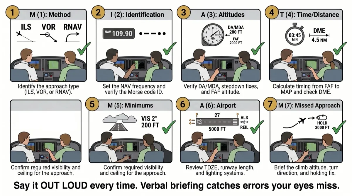 MIATMAM instrument approach briefing flow: method, identification, altitudes, time, minimums, airport, and missed approach procedure