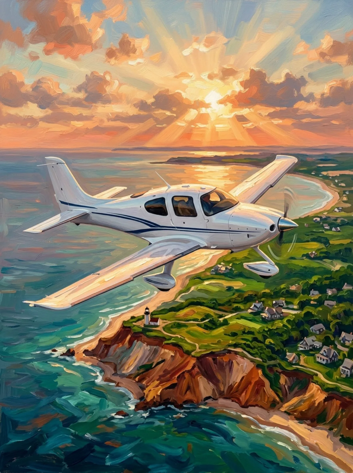 Cirrus SR20 aircraft flying over Martha's Vineyard coastline at golden hour — stylized aviation art